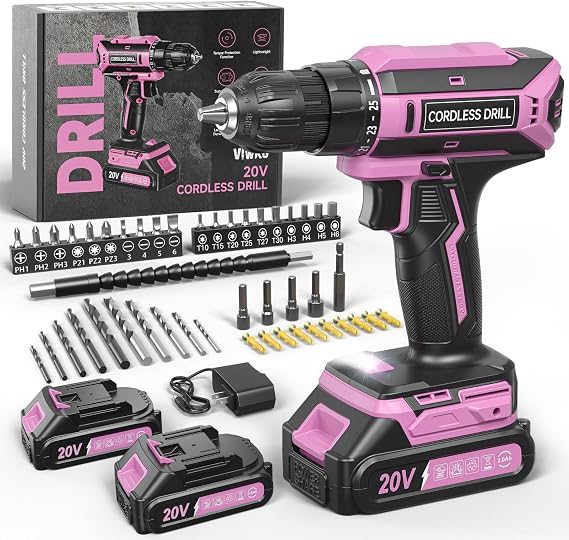Pink Cordless Drill Set, 20V Max PowerDrill for Women, Lightweight ElectricDrill with 2 Batteries and Charger, 25 Position and 56 Pcs Accessoires, Womens Drill Tools Kit for House