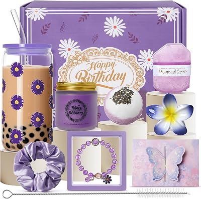 Birthday Gifts for Women Happy Birthday Gifts for Her Mom Sister Friend Wife Girlfriend Coworker Birthday Gift Basket Daisy Glass Cup Gift Set Purple