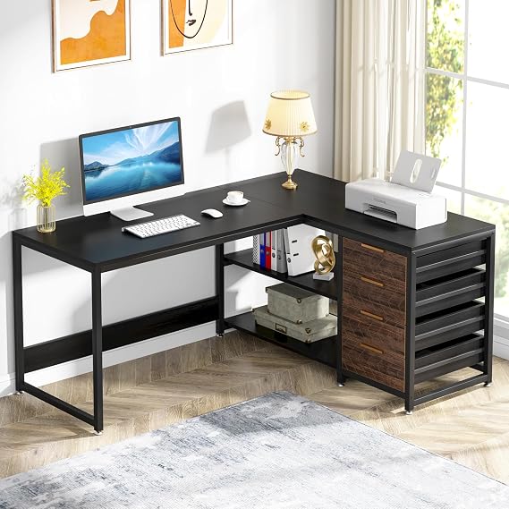 Tribesigns L Shaped Computer Desk with Storage Drawers, 59 inch Corner Desk with Shelves, Reversible L-Shaped Office Desk Study Writing Table Workstation for Home Office, Black