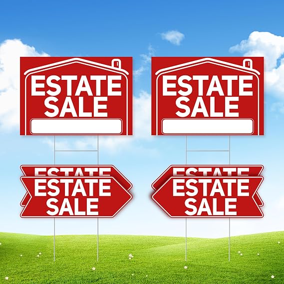 6 Pcs Estate Sale Signs with Stakes, 2 Large Estate Sale Signs 17" x 12" and 4 Arrow Yard Signs 17" x 6", with Metal Stakes and Double Sided Waterproof Design for Estate Sale Kit Supplies