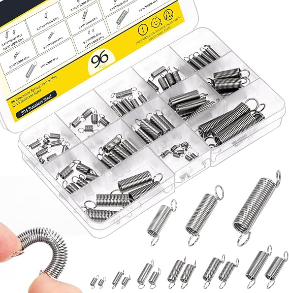 Stainless Steel 96 Pieces 15 Sizes Stainless Steel Extension Springs Kit Extension Spring with Hook Ends Small Spring Compression Springs Mechanical Springs Tension Spring for Home Repairs
