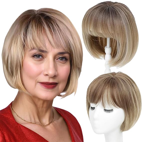 Short Bob Hair Toppers for Women Thinning Hair 10 Inch - 360 3D Cover Wispy Bangs Hair Pieces for Women, Synthetic Hairline Wigyy Wig Topper with Bangs - Ombre Light Brown to Blonde