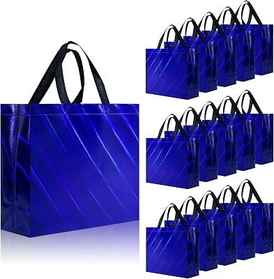 cabzymx 16 Pcs Unique Dazzling Blue Reusable Gift Bags with Handles & Bases, Shiny Non-woven Holiday Goodie Bags Bulk for Birthday, Wedding, Party- 12.6x4.7x11 In