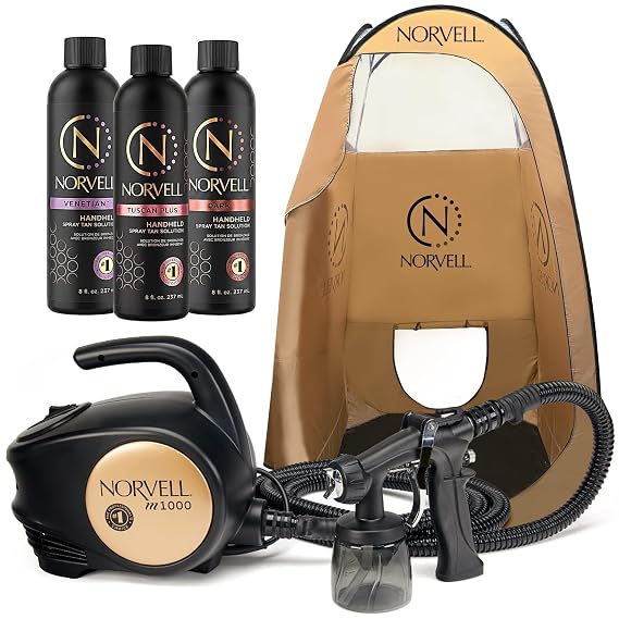 Norvell Sunless Tanning Kit - M1000 HVLP Spray Tan Airbrush Machine + Mobile Spray Room Pop-Up Tent, 8 oz Tanning Solutions in 'Tuscan Plus', Venetian and Dark + Norvell Training Program