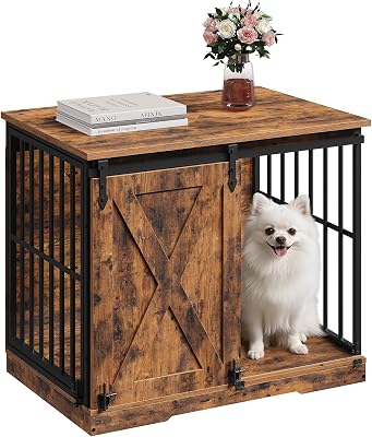 MAHNACRIS 31.5 Farmhouse Dog Crate Furniture with Barn Door, Heavy Duty Dog Kennel for Small Medium Dogs, Wooden Dog Cage End Table, Decorative Pet House, Chew Resistant, Rustic Brown DCHR8001