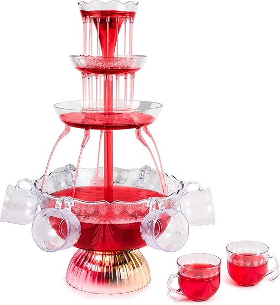Nostalgia 3-Tier Party Fountain, Holds 1.5 Gallons, LED Lighted Base, Includes 8 Reusable Cups, 1.5 Gallon, Clear