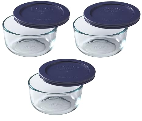 Pyrex 7200 2-Cup Glass Bowl & 7200-PC Dark Blue Lid (3-Pack) - Made in USA | BPA-Free Plastic | Round Shape | Top-Rack Dishwasher Safe | Refrigerator & Freezer Safe | Includes 3 Bowls & 3 Lids