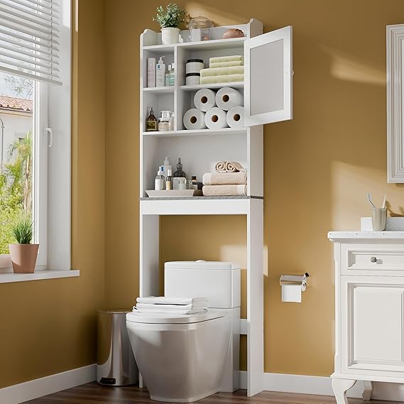 SUPER DEAL Over The Toilet Bathroom Storage Cabinet Freestanding Wooden Bathroom Organizer with Adjustable Shelves and Glass Door, White