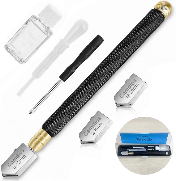 Glass Cutter 2mm-20mm, Glass Cutting Tool with Glass Oil & 3 Carbide Heads
