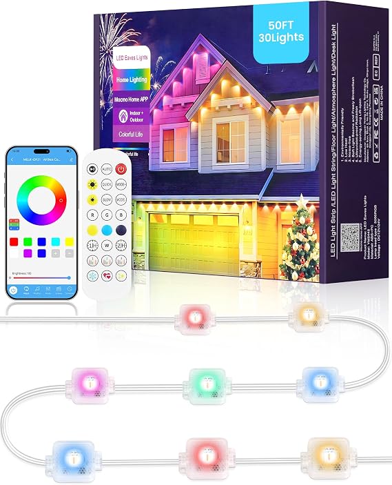 Permanent Outdoor Lights, 50 FT RGB & White Eaves Light with 30 LED Lights, App/Remote Control, IP65 Waterproof Christmas String Lights for Daily, Festival, Party, Holiday Decor W01EL05