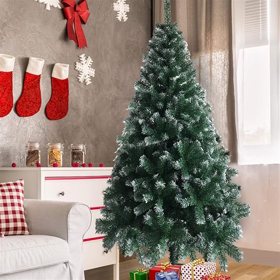 7FT Artificial Christmas Tree with Snow-Tipped Branches, 870 Hinged PVC Tips, Stable Iron Stand, No-Mess Design for Easy Cleanup