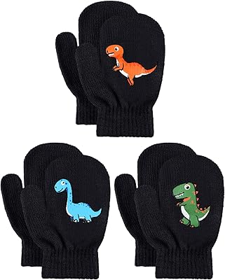 Geyoga 3 Pairs Kids Mittens Winter Stretchy Knit Gloves Winter Dinosaur Full Finger Toddler Mittens for Boys Girls