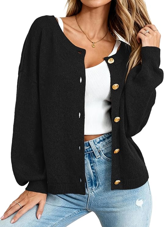 MASCOMODA Fall Long Sleeve Oversized Cardigan Sweaters for Women Trendy Short Open Front Gold Button Up Sweater Jackets