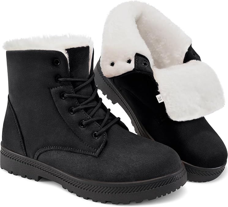 HARENCE Snow Boots for Women Winter: Warm Fur Lined Ankle Booties Comfortable Lace Up Slip on Outdoor Walking Boot