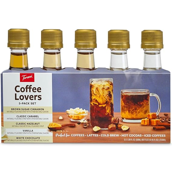Torani Coffee Lovers Sampler 5-Pack, Mini Syrups Gift Set Brown Sugar Cinnamon, Classic Caramel, Classic Hazelnut, Vanilla, and White Chocolate, 1.7 Oz Ea