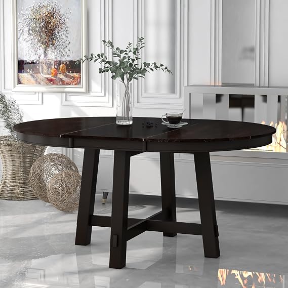 Extendable Dining Table - Round Dining Table with Leaf Extension and X-Shaped Base, Circular Dining Table with Solid Wood Frame,Oval Dining Table for Kitchen (Espresso)