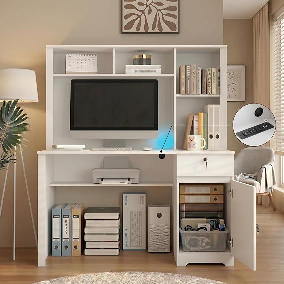 Modern Multi-Functional Engineered Wood Computer Desk with Hutch, Bookshelf, Drawers, 3 AC & 2 USB Ports, Gaming Computer Desk for Living Room, Home Office