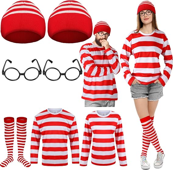 Hicarer 7pcs Halloween Cosplay Red White Striped Sweatshirt Costume Set