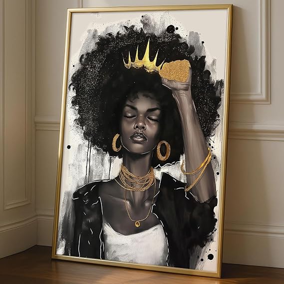 Black Queen Painting African Women Poster Modern Woman Portrait Wall Art Abstract Women Picture African American Posters Abstract Black Girl Boho Wall Art Gold Woman Painting 16x24in No Frame