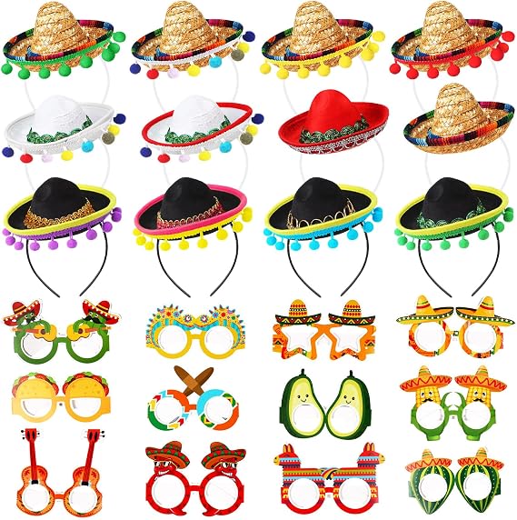 Syhood 24 Pcs Fiesta Party Supplies Cinco De Mayo Sombrero Headband Hats Eyeglasses for Mexican Theme Decoration Accessories