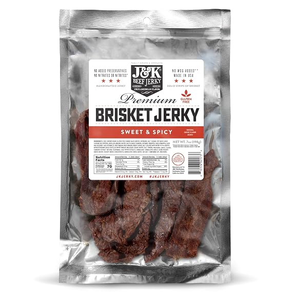 J&K Jerky Sweet & Spicy Brisket, Hand Crafted Small Batch American Made Slab Jerky - Soft & Tender - 7oz Big Bag of Jerky's