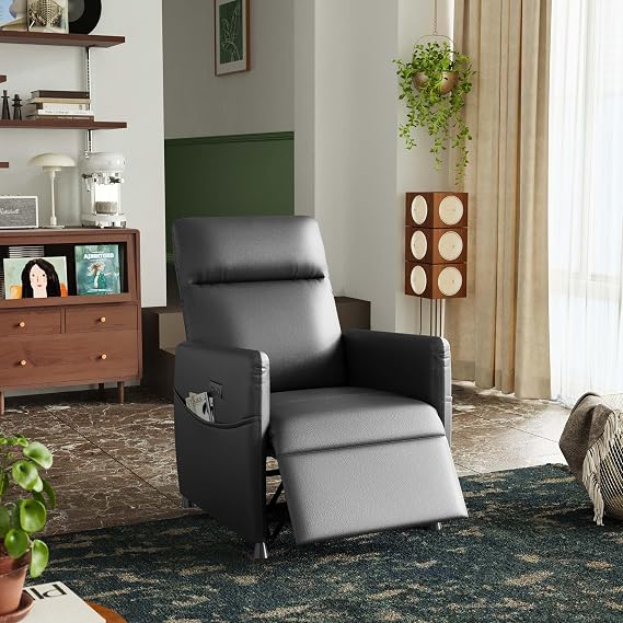 Electric Recliner Chair, Black Power Recliner with Push Button & Footrest, Compact Faux Leather Recliner for Small Spaces, Living Room, Home Theater (Black)