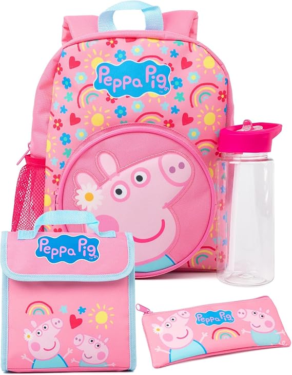 Peppa Pig Girls 4 Piece Backpack Set | Kids Pink Rucksack Bundle with School Bag, Pencil Case, Lunch Bag & Water Bottle
