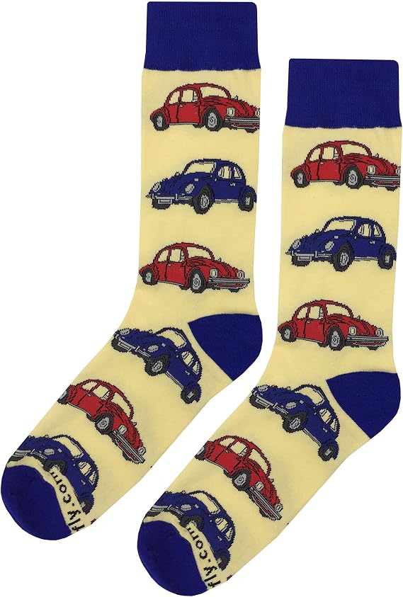 Car Beetle Yellow Dress Socks Funny Novelty Crazy Fun Design Men Size 8-12 Cotton Casual Crew Colorful Funky Fancy Socks Gift for Men