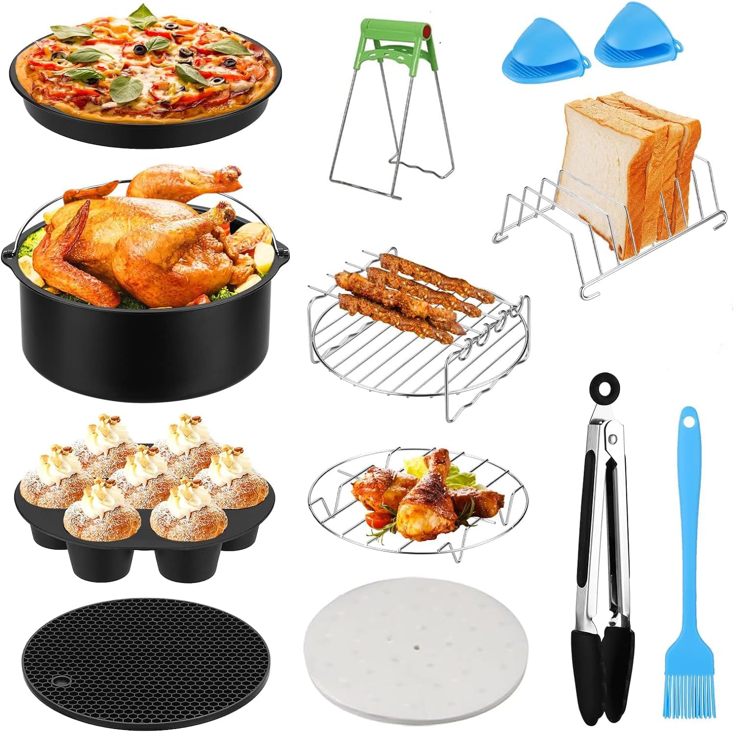 8 inch Hot Air Fryer Accessories 12 Pieces Airfryer XXL Accessory Set for Airfryer Fryers for Cosori Princess Ninja Philips Tefal 4.5L 5.2L 5.5L XL Air Fryer BPA-Free Non-Stick Coating