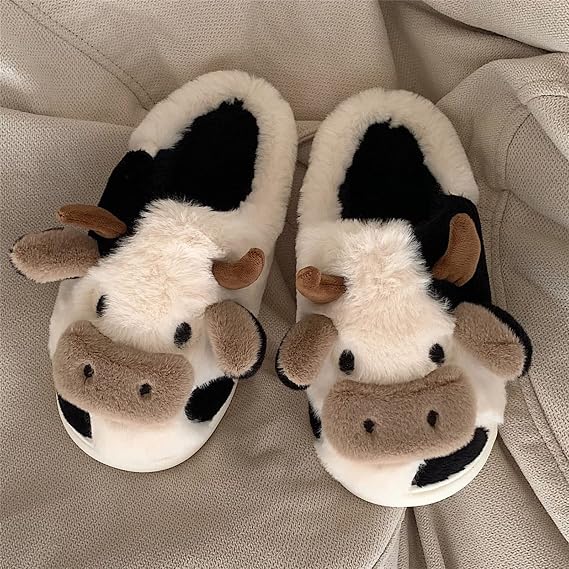 Cute Cow Slippers, Kawaii Fuzzy Milk Slide Slippers for Women, Winter Warm Animal Milky Plush Cow Slides, Indoor &Outdoor Ladies Closed Back House Shoes Cow for Home Bedroom (Cow,6 Women/5 Men)
