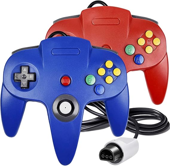 Classic 64 Wired Controller Joystick for N64 Gaming System N64 Console 2 Pack, Red and Blue