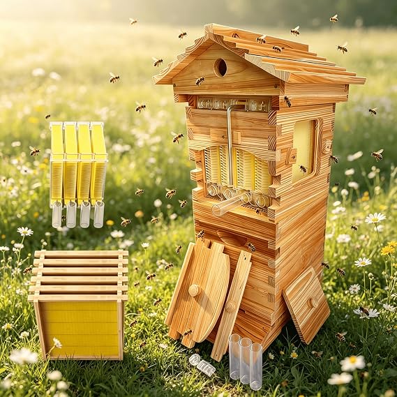 Beehive Starter Kit with Automatic Honey Flow System, Transparent Observation Window for Balcony Beekeeping