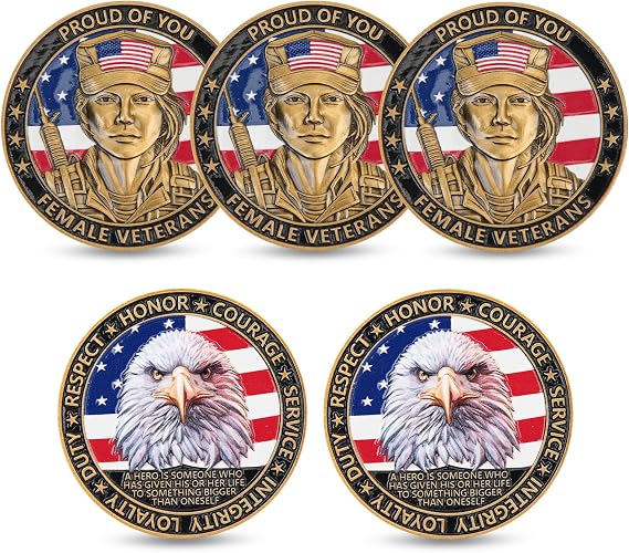 Patriotic America Female Veteran Challenge Coins Set of 5 Proud of You Military Tribute Coins with Bald Eagle Design Womens Army Navy Air Force Marines Gift with Acrylic Display Cases