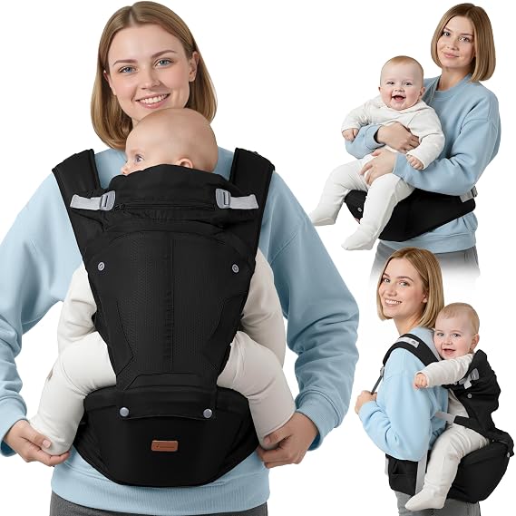 BabbleRoo 6-in-1 Baby Carrier with Hip Seat, Ergonomic Newborn to Toddler Carrier 750 lbs, Front Back Hip Carry, Lumbar Support, Sun Hood, Safety-Certified, Black