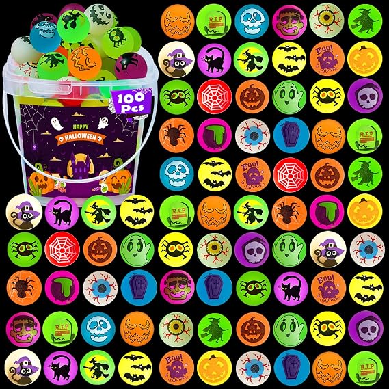 SUNPROUND 100Pcs Halloween Bouncy Balls, Mini Glow in The Dark Bouncing Balls Eyeballs for Halloween Party Favors,Goodie Bag Fillers, Trick or Treating, Classroom Game Prizes