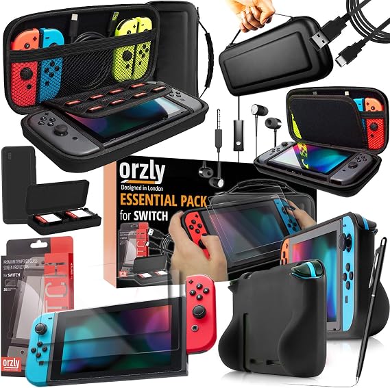 Orzly Switch Accessories Bundle Essentials Pack for Nintendo Switch OLED Case & Screen Protector , Grip Case, Games Holder, Headphones - Classic Black Edition