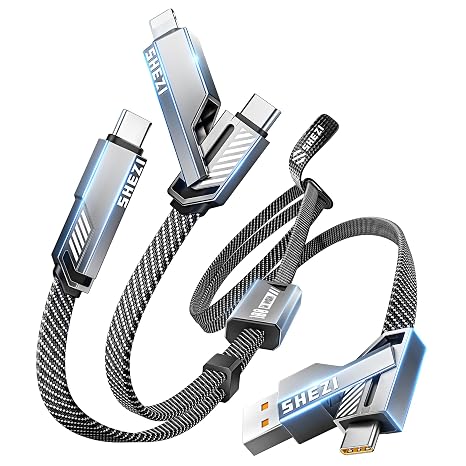 SHEZI Upgraded 6 in 1 Multi Charging Cable, 100W USB C to Lightning Cable [1G File Done in 20s] Fast Charging for iPhone/iPad, Flat Braided Multiple Charger Cord Combo L/Type C/USB A-5FT