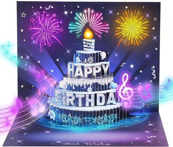 APOTODITO Musical Birthday Cards, 3D Pop Up Card with Music and Light, Firework Birthday Cards with Interactive Blowable Candle, Gift for Her Him Mom Grandma Wife Husband (Blue and Silver)