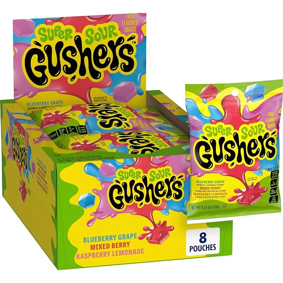 Gushers Super Sour Berry Fruit Snacks, 8 ct, 34 oz | Blueberry Grape, Mixed Berry & Raspberry Lemonade Flavors, Juicy Center, Gluten Free, Gelatin Free, Vitamin C