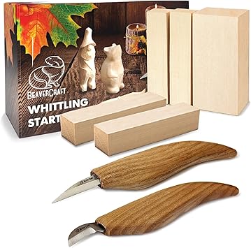 BeaverCraft Wood Carving Kit for Beginners S16 Whittling Knives Sloyd, Chip Wood Carving Knife, Basswood Blocks for Carvers - Whittling Tools Set