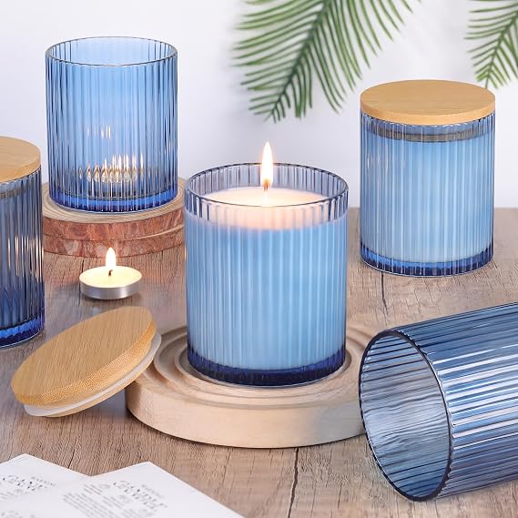 Blue Candle Jars with Lids, 8-Pack 12oz Ribbed Glass Candle Containers