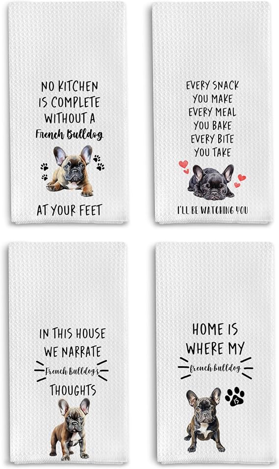 French Bulldog Kitchen Towels Set - 4 Dish & Hand Towels, 16x24 Inches - Perfect French Bulldog Gifts for Women & Decor