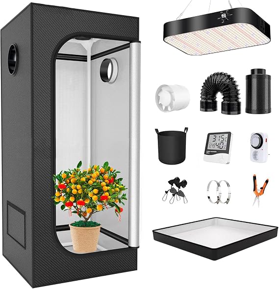 Grow Tent Kit for Indoor Plants with Full Spectrum LED Lights, Carbon Filter, 600D Oxford Cloth for Hydroponics and Indoor Growing