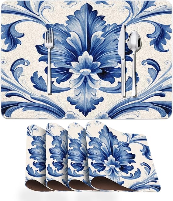 Faux Leather Placemats Set of 4,Watercolor Blue and White Porcelain Patterns PU Placemat for Ding Table Wipeable Waterproof Non-Slip Table Place Mats for Kitchen or Outdoor,12 * 17 Inch