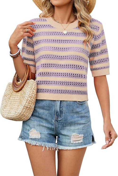 Womens Spring Summer Crochet Tops Hollow Out Short Sleeve Crop Pullover Sweater Top Beach Vacation Outfits 2026