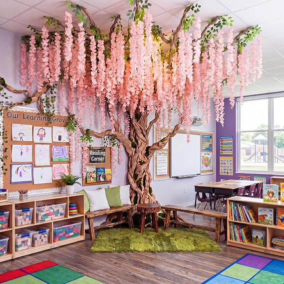 XunYee 3D Wisteria Tree Classroom Tree Wall Ceiling Decor, Pink