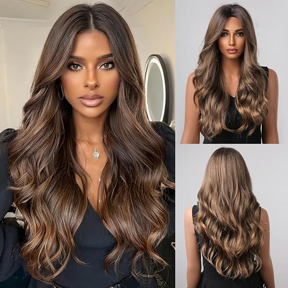 Allbell Brown Wig for Women Long Curly Synthetic Hair Wave Wigs with Dark Roots Middle Part