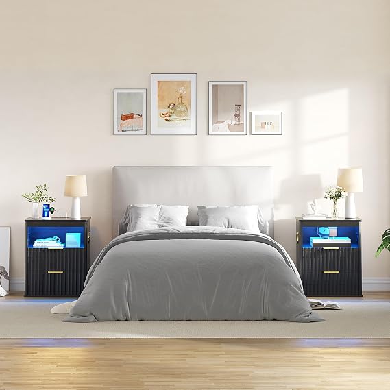Gurexl Nightstand Set of 2 - with Bluetooth Speaker, Modern Bedside Table with RGB LED Lights & Wireless Charging Station, Auto Sensor Night Stand with 2 Drawers & Open Shelf for Bedroom,Black