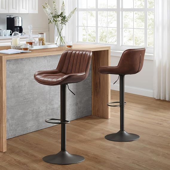 Zouron Mid Century Modern Swivel Bar Stools for Kitchen Counter Adjustable Counter Height Bar Chairs with Back Tall Barstools Vintage PU Leather Kitchen Island Stools, Black Base, Set of 2,Cognac