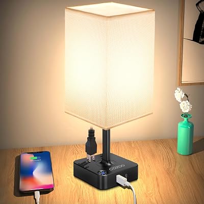 Table Lamp Dimmable cozoo USB Bedside Table Desk Lamp with 2 USB Charging PortAC 2 Outlet,Nightstand Lamp with Charger Base White Fabric Shade,LED Touch Lamp for BedroomLivingRoomDormHome Office